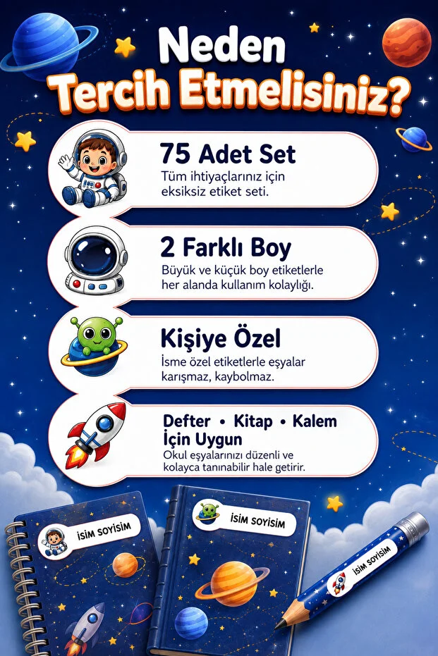 Erkek Çocuk Okul İsim Etiketi 75 Adet Uzay Astronot Temalı Defter Kitap Kalem Etiket Seti Erkek Çocuk Okul İsim Etiketi 75 Adet Uzay Astronot Temalı Defter Kitap Kalem Etiket Seti